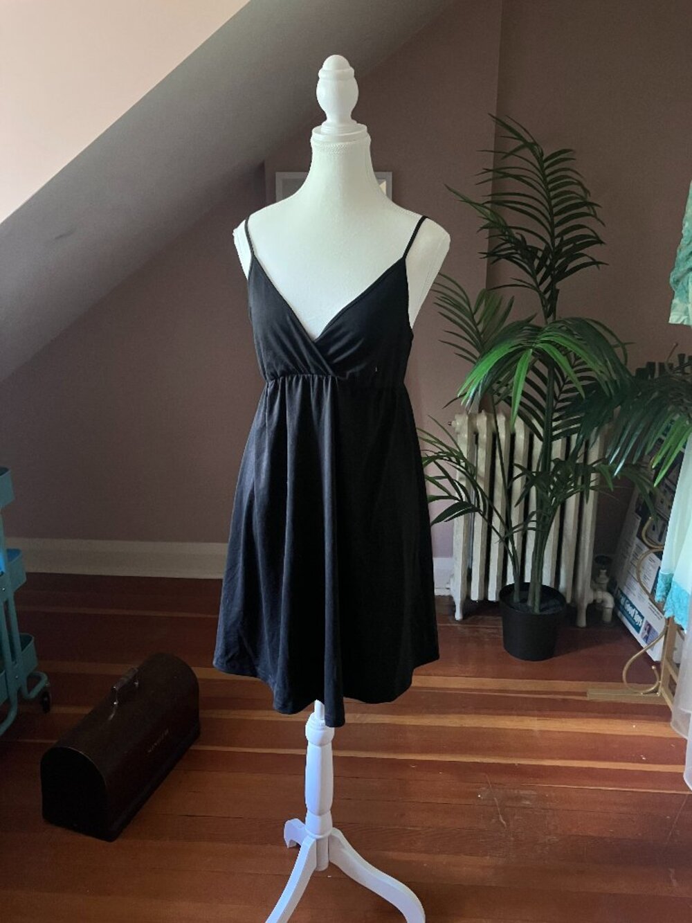 Black stretchy jersey knit wrap surplice mini dress